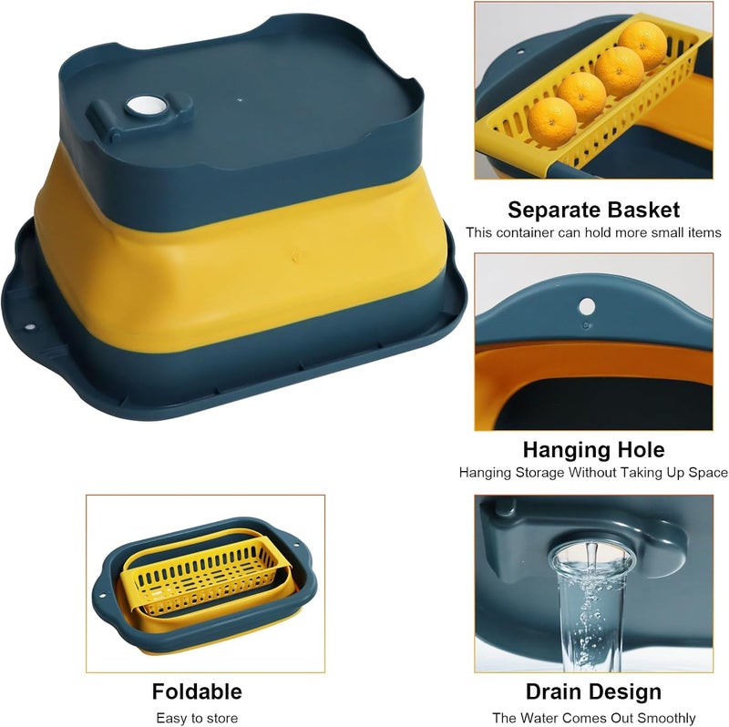 ZINSO 2.77 Gallon (10.5L) Collapsible Dish Basin with Drain Plug, Yellow Camping Dish Basin for RV, Space-Saving Foldable Wash Tub, BPA-Free Portable Sink for Vegetables and Dishes- with Brush - Image 3